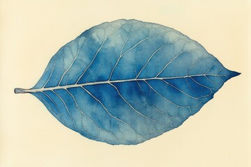 Poster - A detailed watercolor painting of a single, translucent blue leaf, showcasing its intricate vein structure.
