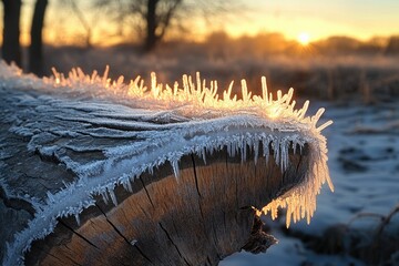 Poster - Frost-covered wood at sunrise, ice crystals sparkle in the golden light.