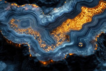 Poster - Glowing city embedded within a mesmerizing, swirling, layered rock formation.