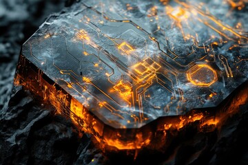 Leinwandbilder - Glowing circuit board embedded in a dark, rocky surface, futuristic technology concept.