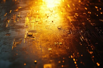 Leinwandbilder - Close-up of a golden circuit board illuminated, showcasing intricate electronic pathways and components.