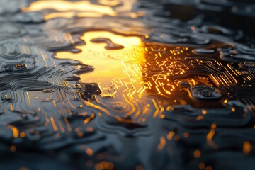 Leinwandbilder - Abstract close-up of a circuit board, illuminated with warm, golden light, showcasing intricate pathways and connections.