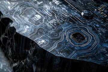 Poster - A futuristic, eroded circuit board resembling a dark, rocky landscape, showcasing intricate technological detail.