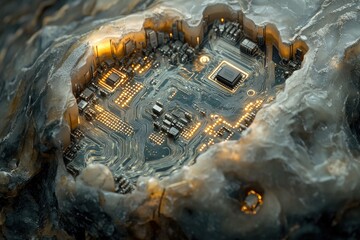 Aufkleber - A glowing circuit board embedded within a rocky, crystalline formation, suggesting technological integration with nature.