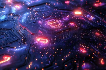 Aufkleber - Abstract digital artwork depicting a glowing circuit board, showcasing intricate patterns and vibrant colors.