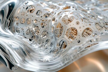 Fototapete - Abstract 3D rendering of a metallic, liquid-like surface with embedded circuit patterns, resembling a futuristic or technological landscape.
