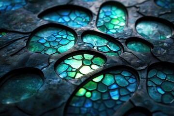 Leinwandbilder - Abstract image of a dark, textured surface with inlaid teal and green mosaic-like patterns.