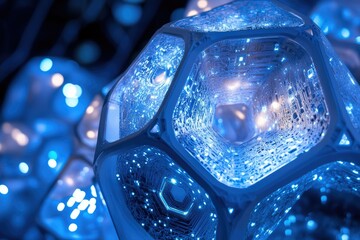 Leinwandbilder - Abstract image of glowing blue geometric shapes resembling futuristic technology or data networks.