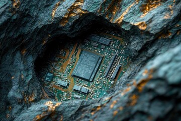 Poster - A circuit board nestled within a dark, rocky crevice, suggesting the origin of tech's raw materials.