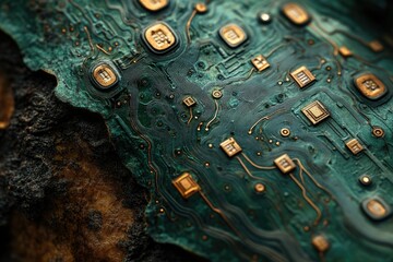 Aufkleber - Close-up of a weathered circuit board, showcasing intricate circuitry and aged copper traces.