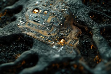 Poster - A circuit board embedded in dark, textured material, glowing faintly, suggesting technological decay or futuristic archaeology.