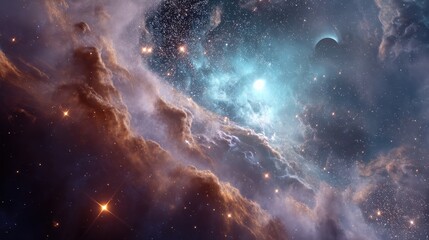 Wall Mural - A breathtaking view of a nebula, swirling clouds of gas and dust illuminated by distant stars. Shades of orange, blue, and purple create a vibrant cosmic scene.