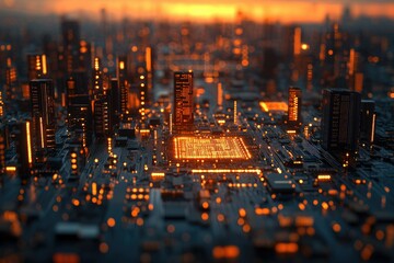 Poster - A futuristic cityscape built on a circuit board, illuminated by warm orange glow, symbolizing technological advancement and urban integration.