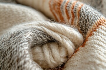 Aufkleber - Close-up of a soft, woolen fabric with beige, gray, and orange stripes, showcasing its texture and intricate weave.