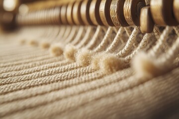 Aufkleber - Close-up of a beige fabric being woven on a loom, showcasing the texture and process.