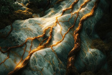 Poster - Golden vines intertwine with a textured, moss-covered rock, bathed in sunlight.