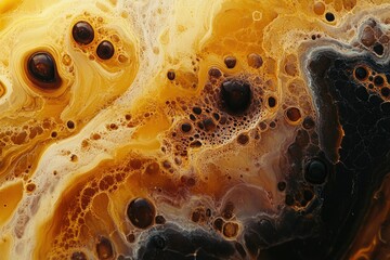 Aufkleber - Abstract art showcasing swirling golden and dark hues, creating a mesmerizing texture with bubbles and organic forms.