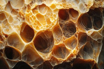 Poster - Intricate honeycomb-like structure of a golden-brown mineral, showcasing a fascinating natural pattern.