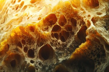 Poster - Close-up of a porous, golden-brown substance resembling a rock or bread crust with intricate cavities.