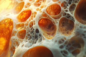 Poster - Intricate network of porous structures, resembling bone or sponge, with warm orange and beige tones.
