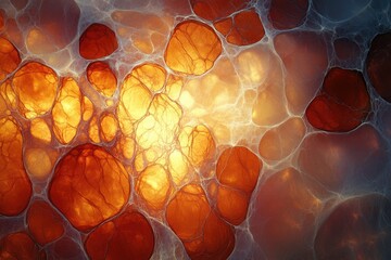 Fototapete - Abstract image depicting a network of interconnected, glowing orange and white cells or bubbles, resembling a microscopic view or cosmic structure.