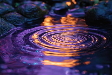 Poster - Vibrant concentric ripples spread across a dark purple and orange water surface, reflecting light.