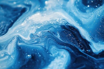 Poster - Abstract blue and white marbled texture with glittering particles, resembling a cosmic scene or ocean depths.