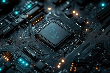 Poster - Close-up of a computer motherboard with a central processing unit (CPU) showcasing intricate circuitry and glowing components.