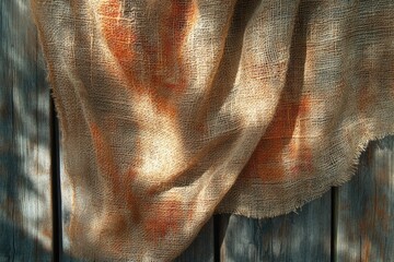 Fototapete - A rustic burlap fabric with orange stains draped over weathered wooden planks, showcasing texture and sunlight.