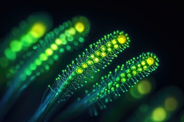 Aufkleber - Microscopic marine organisms with glowing, bioluminescent structures exhibiting vibrant green and yellow hues.