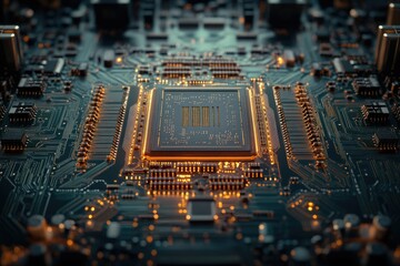 Fototapete - Close-up of a central processing unit (CPU) on a circuit board, showcasing intricate electronic components and glowing circuitry.