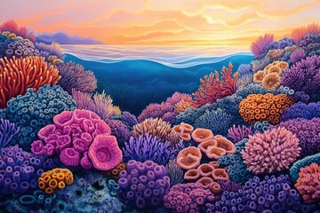 Poster - Vibrant coral reef at sunset, showcasing diverse coral species and a serene underwater landscape.