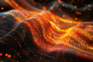 Poster - Abstract digital wave of glowing orange particles, flowing data visualization concept.