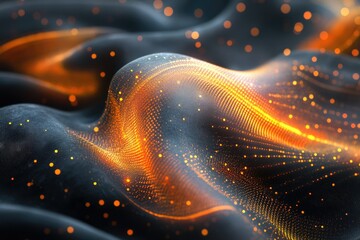 Fototapete - Abstract wave of glowing particles, dark background, orange and gold hues, digital art.