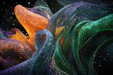 Aufkleber - Abstract swirling fabric with shimmering, iridescent colors resembling a cosmic nebula.