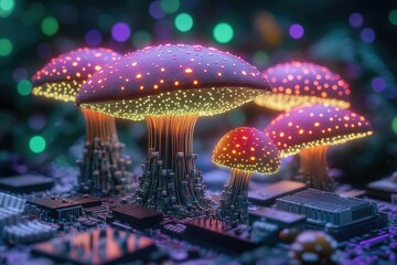 Aufkleber - Glowing bioluminescent mushrooms sprout from a circuit board, a surreal blend of nature and technology.