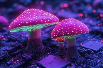 Poster - Glowing neon mushrooms sprout from a circuit board, a surreal blend of nature and technology.