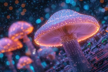 Poster - Glowing bioluminescent mushrooms sprout from a futuristic circuit board, creating a surreal and vibrant scene.