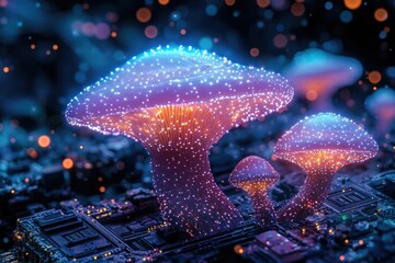 Poster - Glowing bioluminescent mushrooms sprout from a circuit board, symbolizing technology's connection to nature.