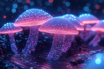 Aufkleber - Glowing bioluminescent mushrooms with circuit-like stems in a dark, mystical setting.