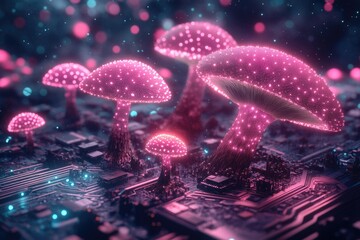 Aufkleber - Glowing pink mushrooms sprout from a circuit board, a surreal blend of nature and technology.