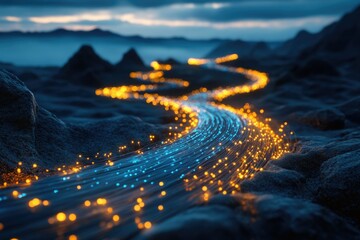 Aufkleber - Illuminated fiber optic cables snake across a dark, rocky landscape, symbolizing digital connectivity and the flow of data.