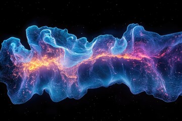 Aufkleber - Abstract cosmic nebula with vibrant blue and orange hues, glowing particles forming a celestial cloud.