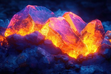 Aufkleber - Glowing, vibrant crystals nestled in dark, volcanic rock, radiating intense orange and purple hues.
