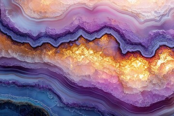 Poster - Stunning agate geode with vibrant purple, gold, and blue banding, showcasing intricate mineral formations.