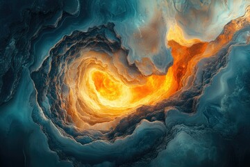Aufkleber - Abstract artwork depicting a swirling vortex of fiery orange light within a dark, textured, blue-grey cavern.