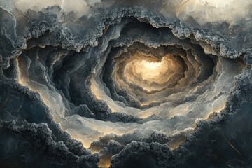 Poster - A swirling vortex of dark clouds opens to a radiant, golden light, a mesmerizing digital art depicting a celestial tunnel.