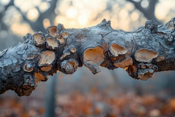 Fototapete - Close-up of a weathered tree branch, showcasing its unique texture and pattern in warm sunlight.