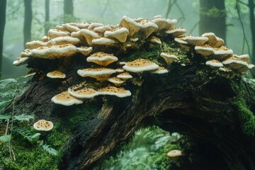 Poster - Numerous yellow-orange mushrooms cluster on a moss-covered log in a misty forest.