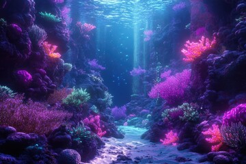 Poster - Vibrant underwater scene with glowing coral reefs and a sandy path creating a magical, ethereal atmosphere.